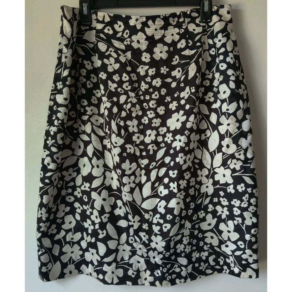 Liz Claiborne Women's Skirt 100% Silk Floral Print Black/Beige Size 16 *See Pics